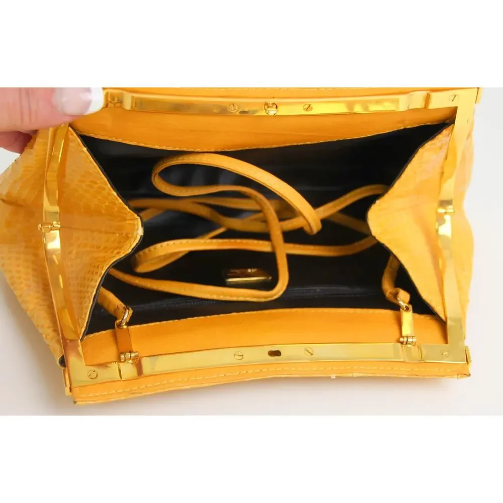 Neiman Marcus ITALY YELLOW SNAKE SKIN FRAME X-BODY SHOULDER BAG CLUTCH PURSE